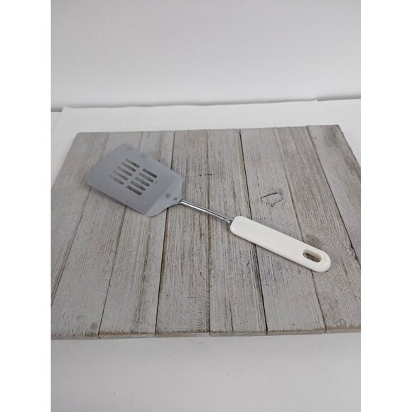 Vintage Chrome Spatula Slotted White Handle 11 3/4" - Picture 1 of 6